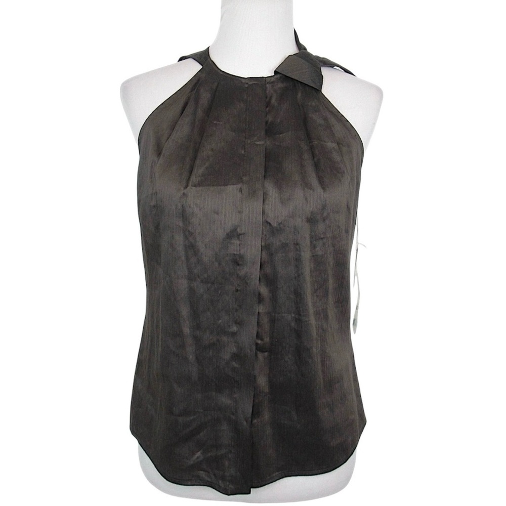 PER SE Brown Silk Blend Button Front Haler Top Blouse Women's Size 4 NWT